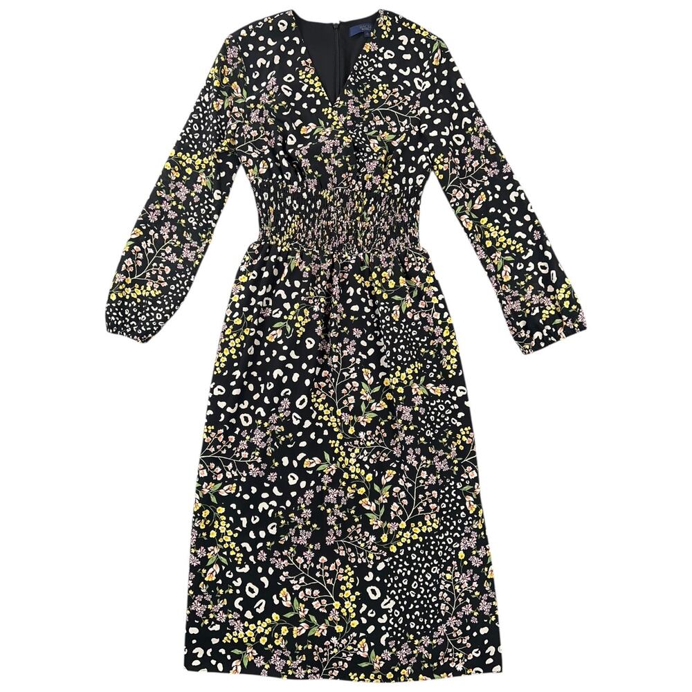 RACHEL Rachel Roy Floral Leopard Print Midi Dress Black Long Sleeve V Neck - 0